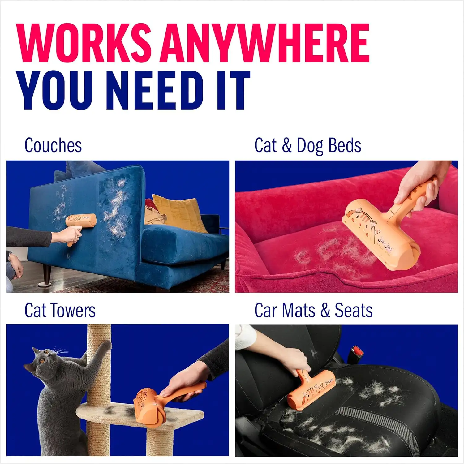 Pet hair remover tool on a fur-covered shirt, for snag-free pet hair removal from clothing, furniture, and car seats.